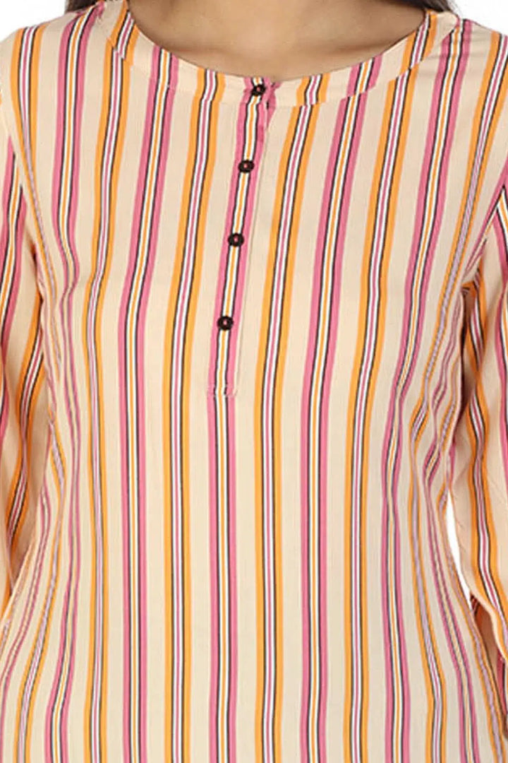 Rayon Striped Kurti with Round Collar (Peach)