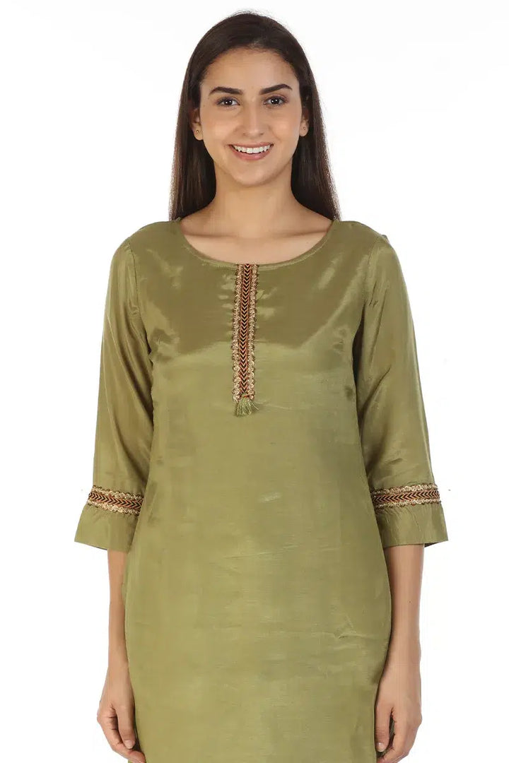 Olive Green Straight Cut Solid Ensemble Kurti