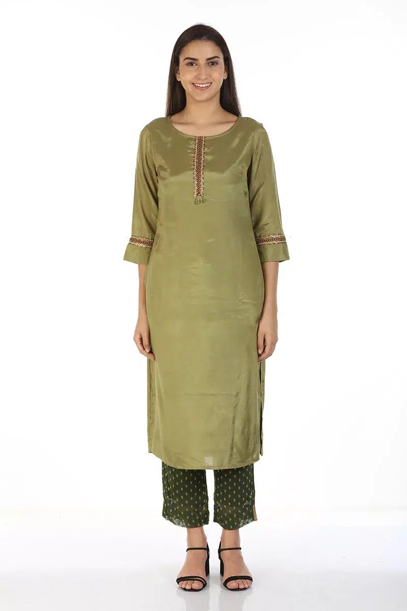Olive Green Straight Cut Solid Ensemble Kurti