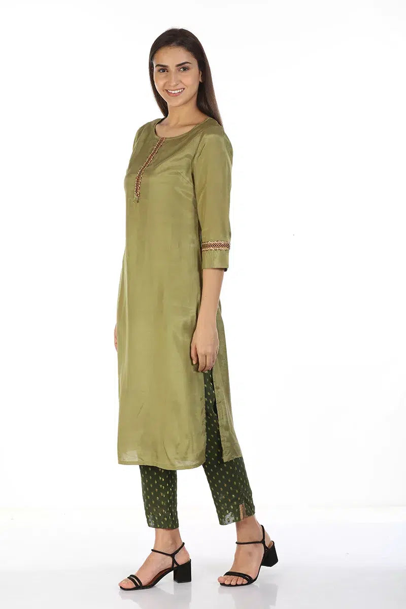 Olive Green Straight Cut Solid Ensemble Kurti