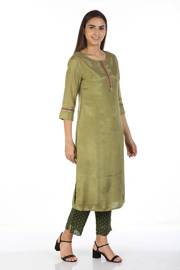 Olive Green Straight Cut Solid Ensemble Kurti