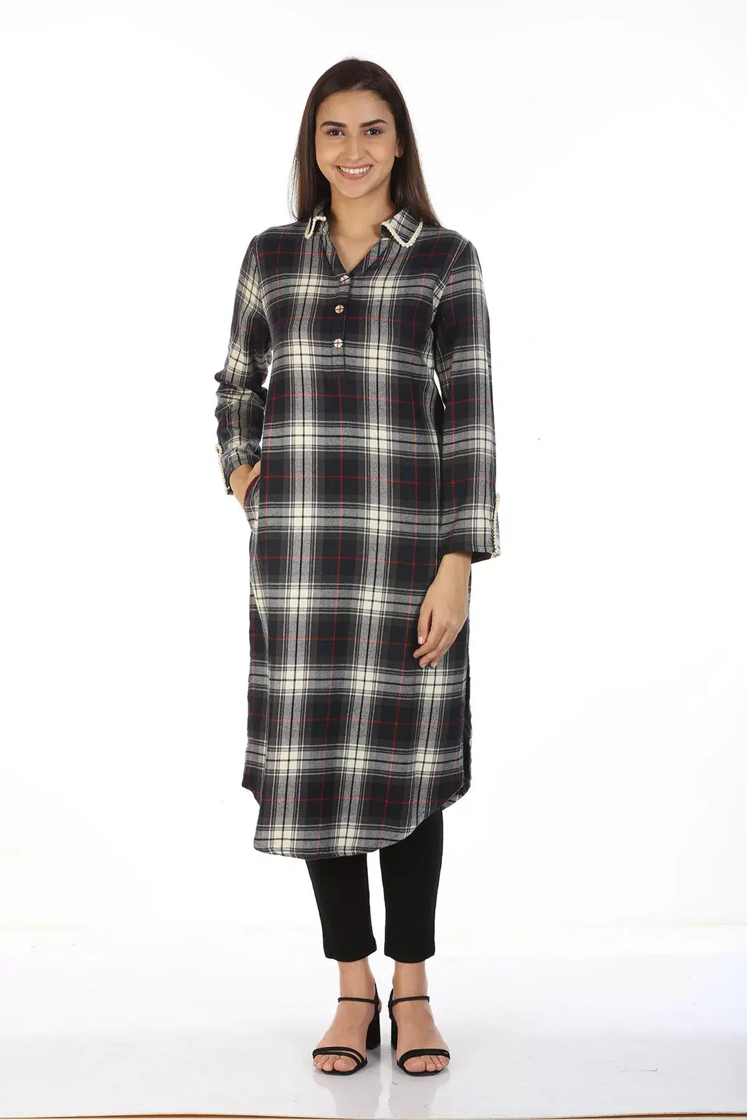 Charcoal Black Check Collared Kurti with Pockets