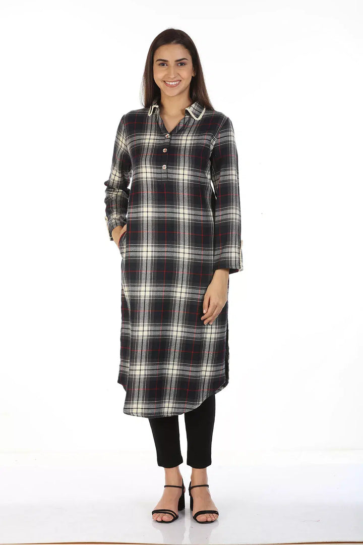 Charcoal Black Check Collared Kurti with Pockets
