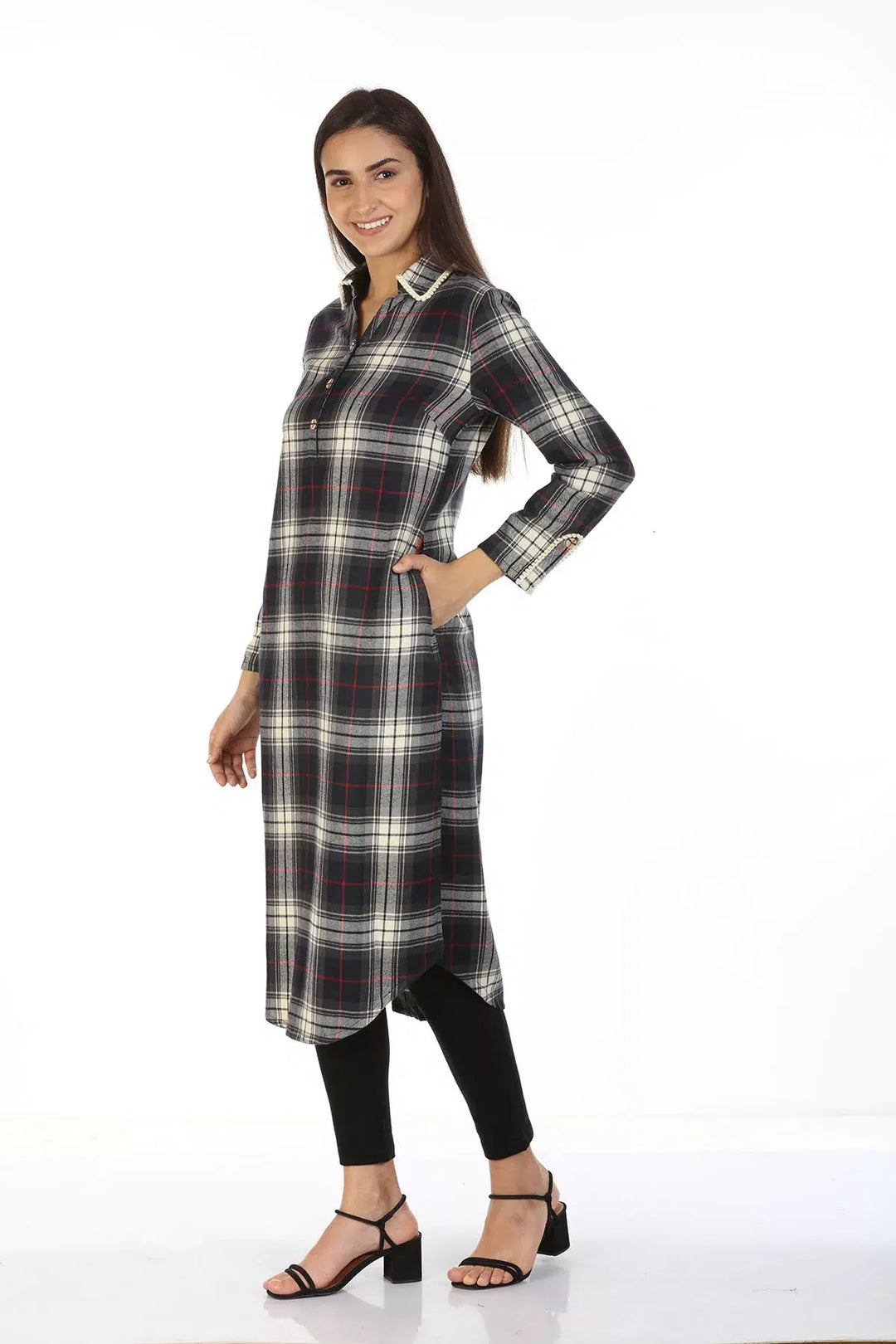 Charcoal Black Check Collared Kurti with Pockets
