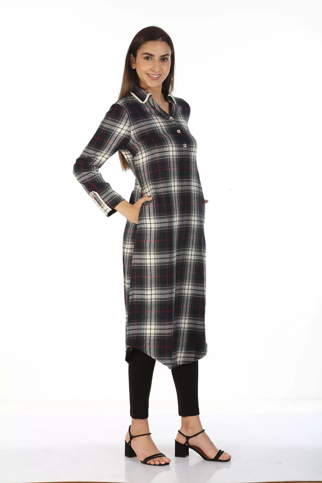 Charcoal Black Check Collared Kurti with Pockets