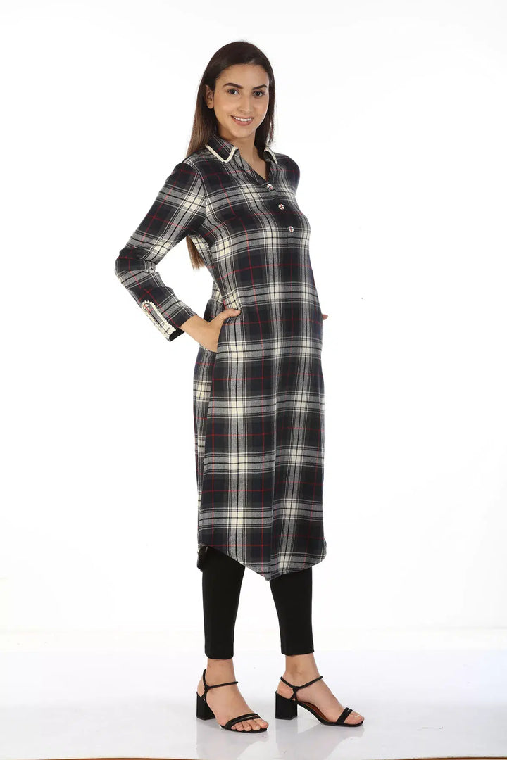 Charcoal Black Check Collared Kurti with Pockets