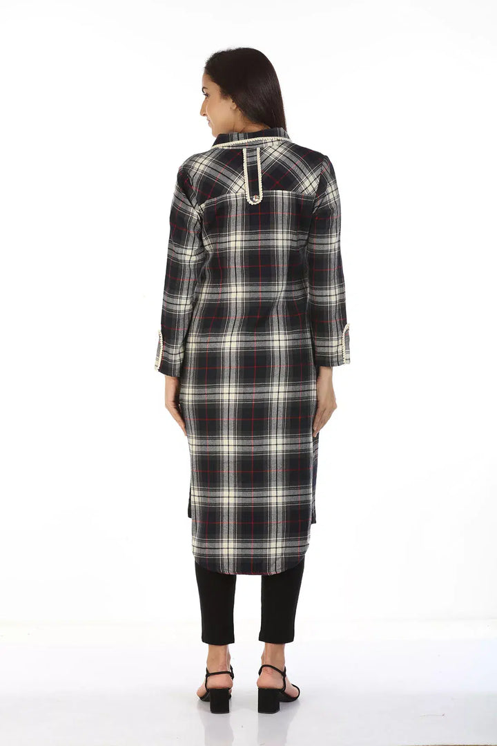 Charcoal Black Check Collared Kurti with Pockets