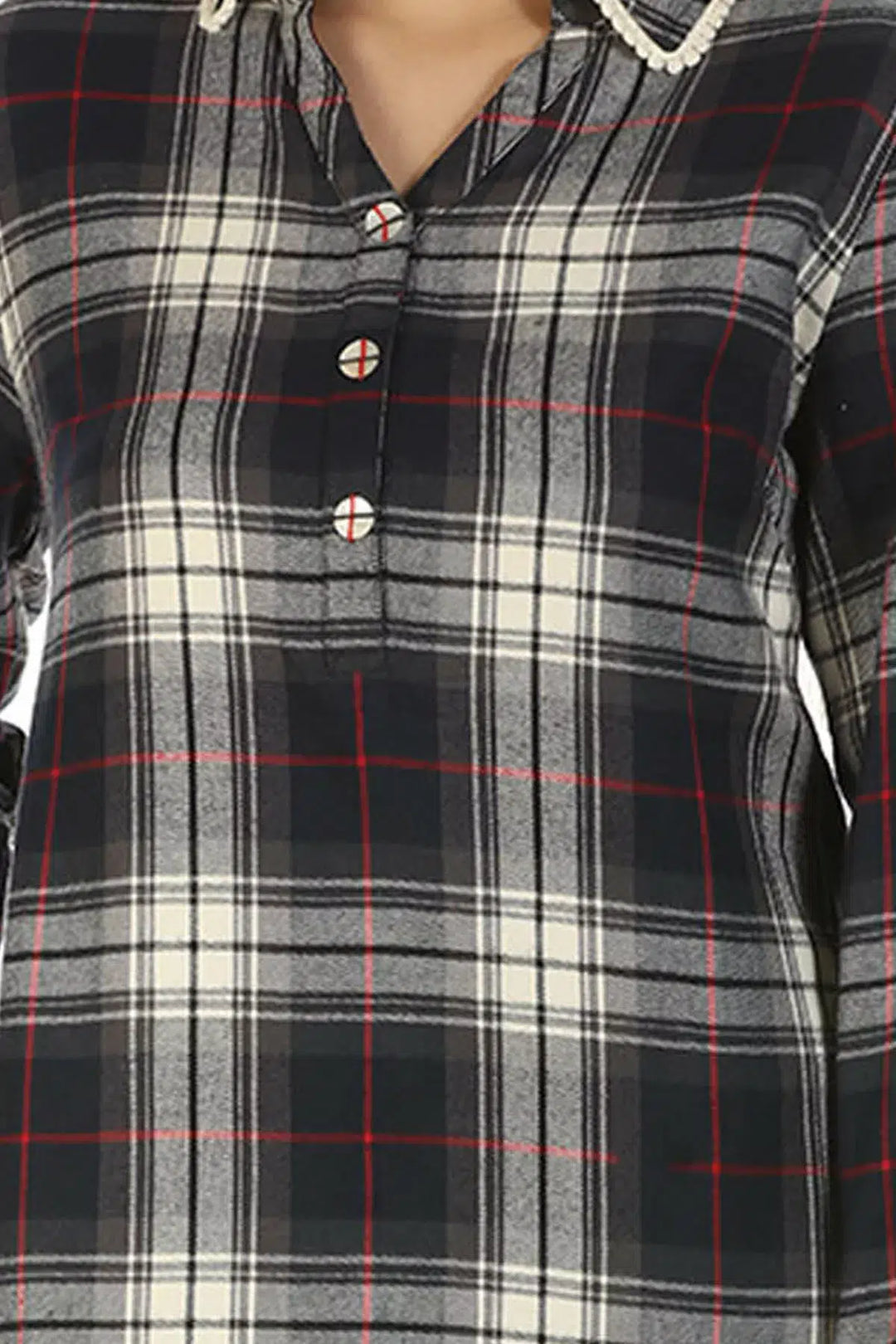 Charcoal Black Check Collared Kurti with Pockets