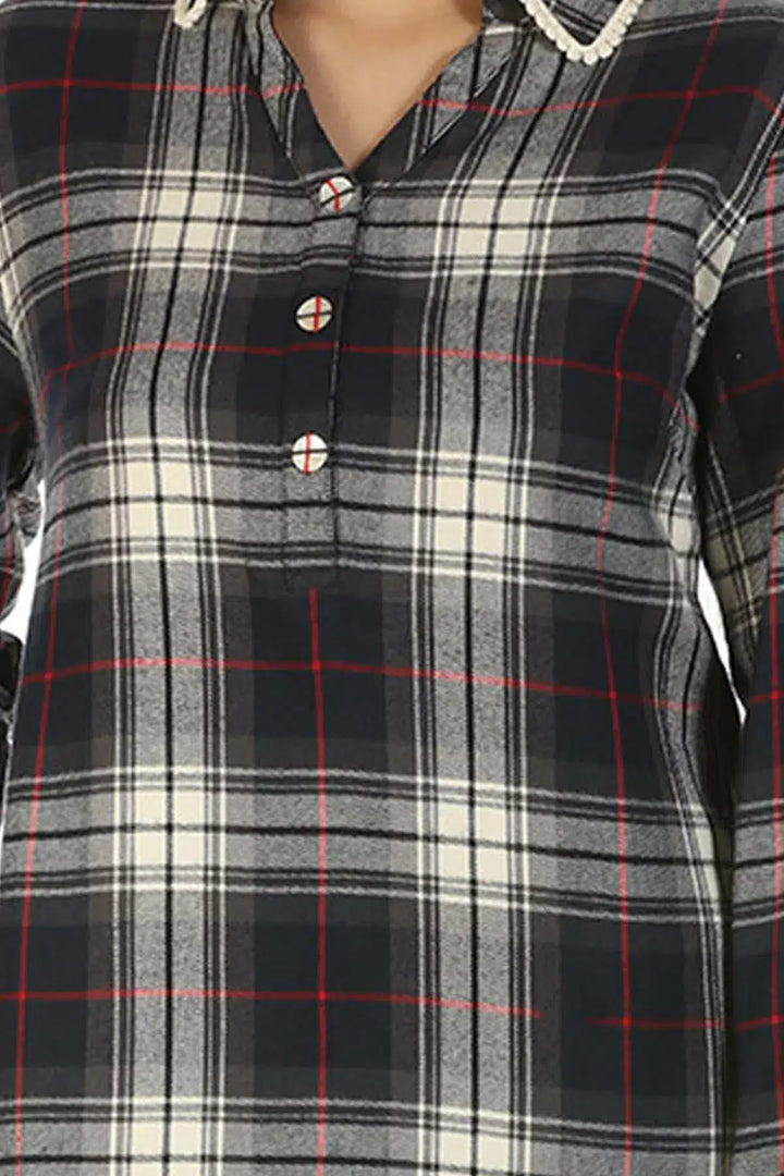 Charcoal Black Check Collared Kurti with Pockets