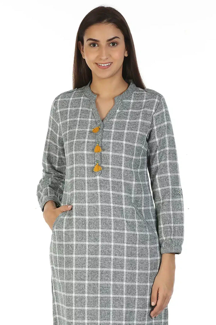 Grey Check kurti with Mandarin Collar