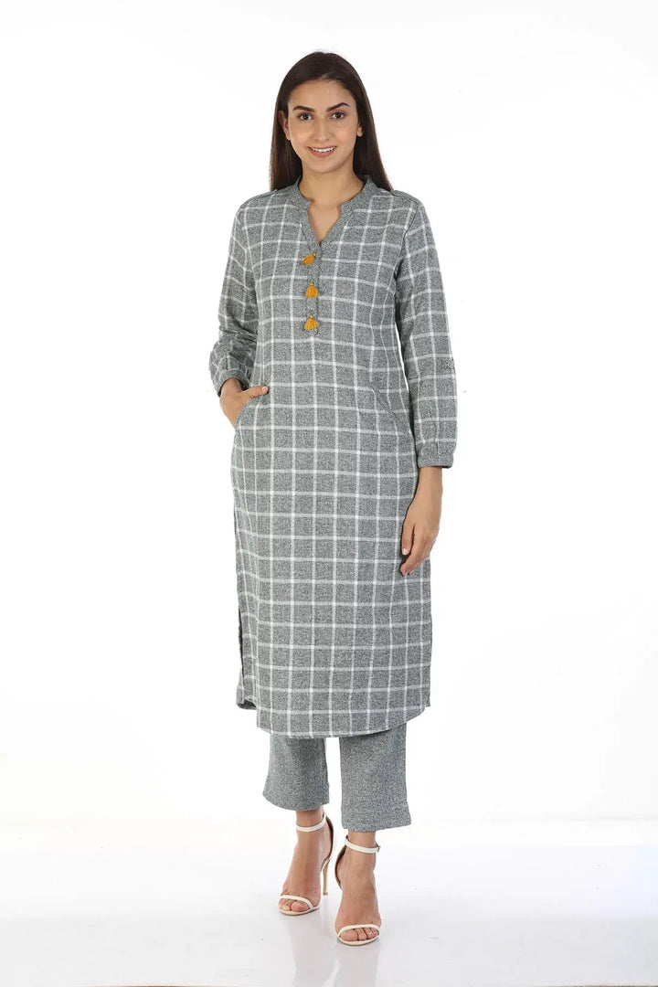 Grey Check kurti with Mandarin Collar