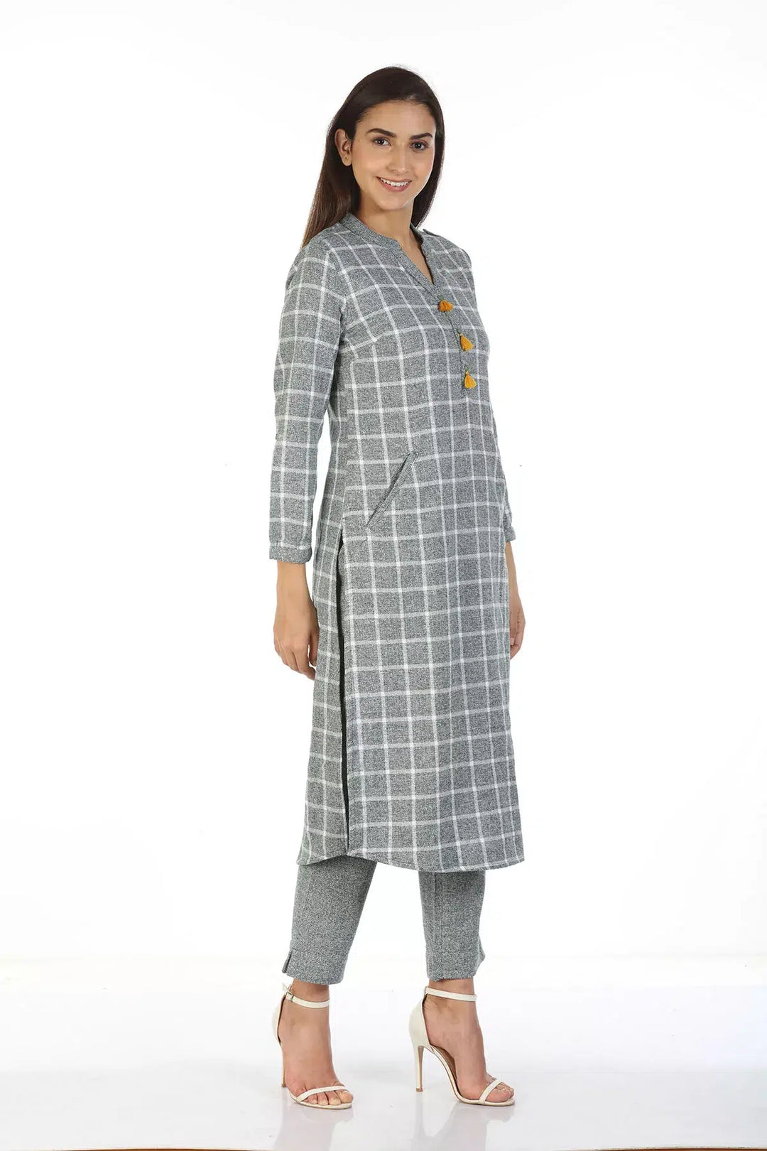 Grey Check kurti with Mandarin Collar
