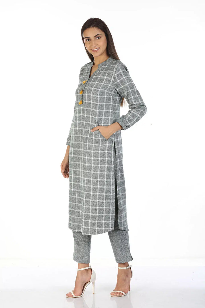 Grey Check kurti with Mandarin Collar