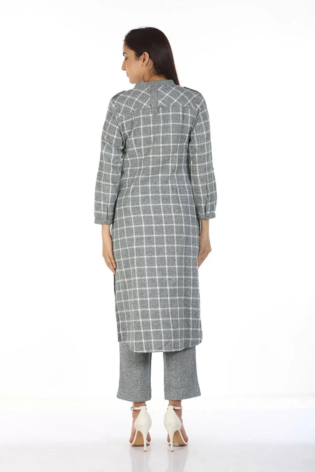 Grey Check kurti with Mandarin Collar