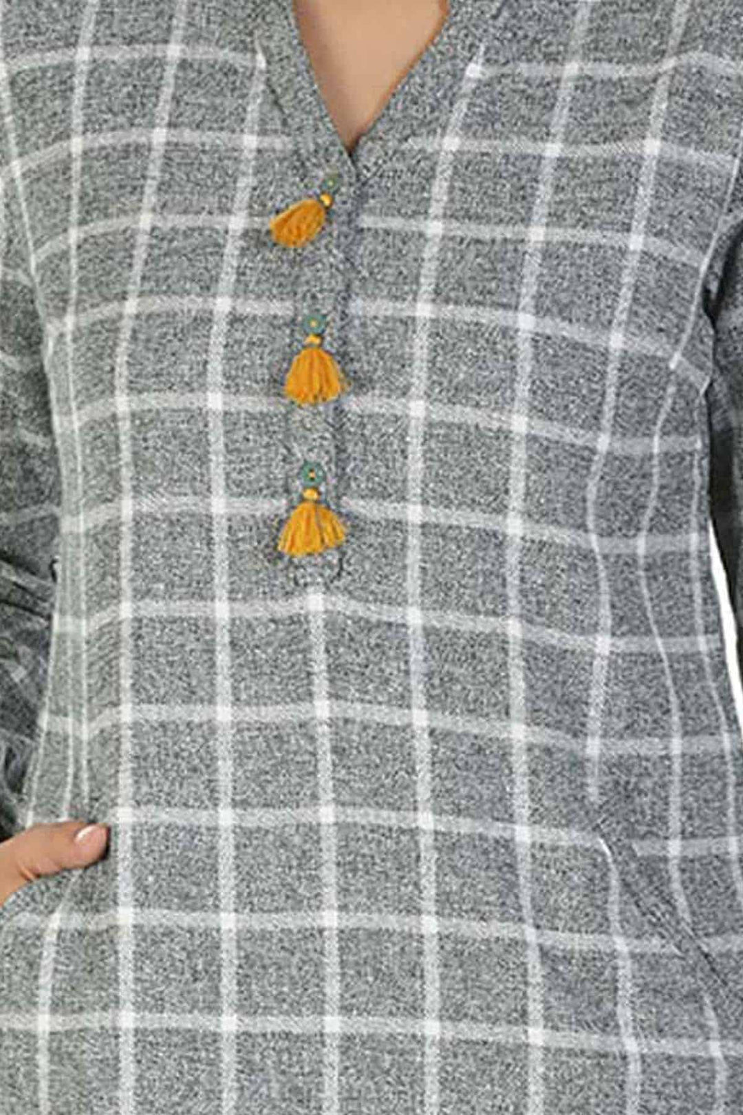Grey Check kurti with Mandarin Collar