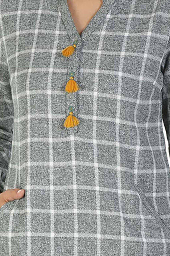 Grey Check kurti with Mandarin Collar