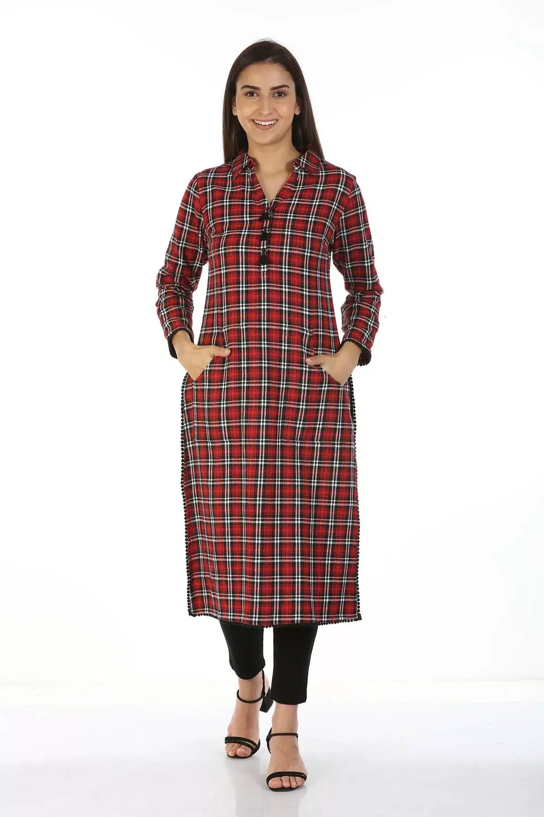 Red Check Collared Kurti with Tassels