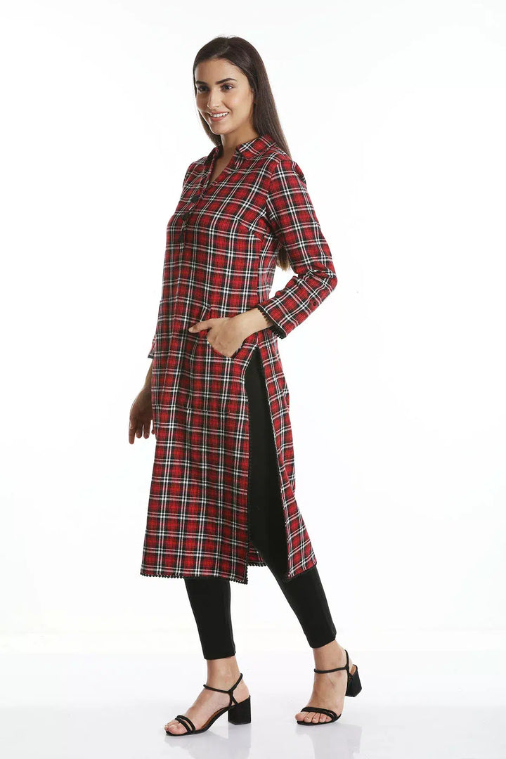 Red Check Collared Kurti with Tassels