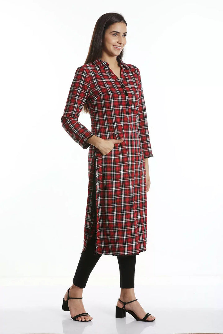 Red Check Collared Kurti with Tassels