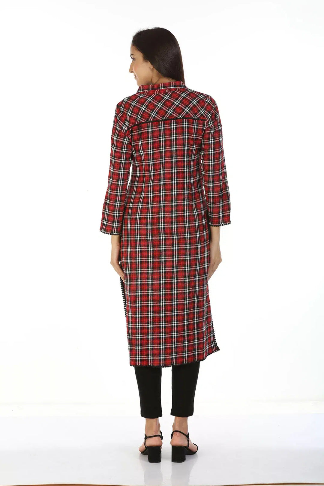 Red Check Collared Kurti with Tassels
