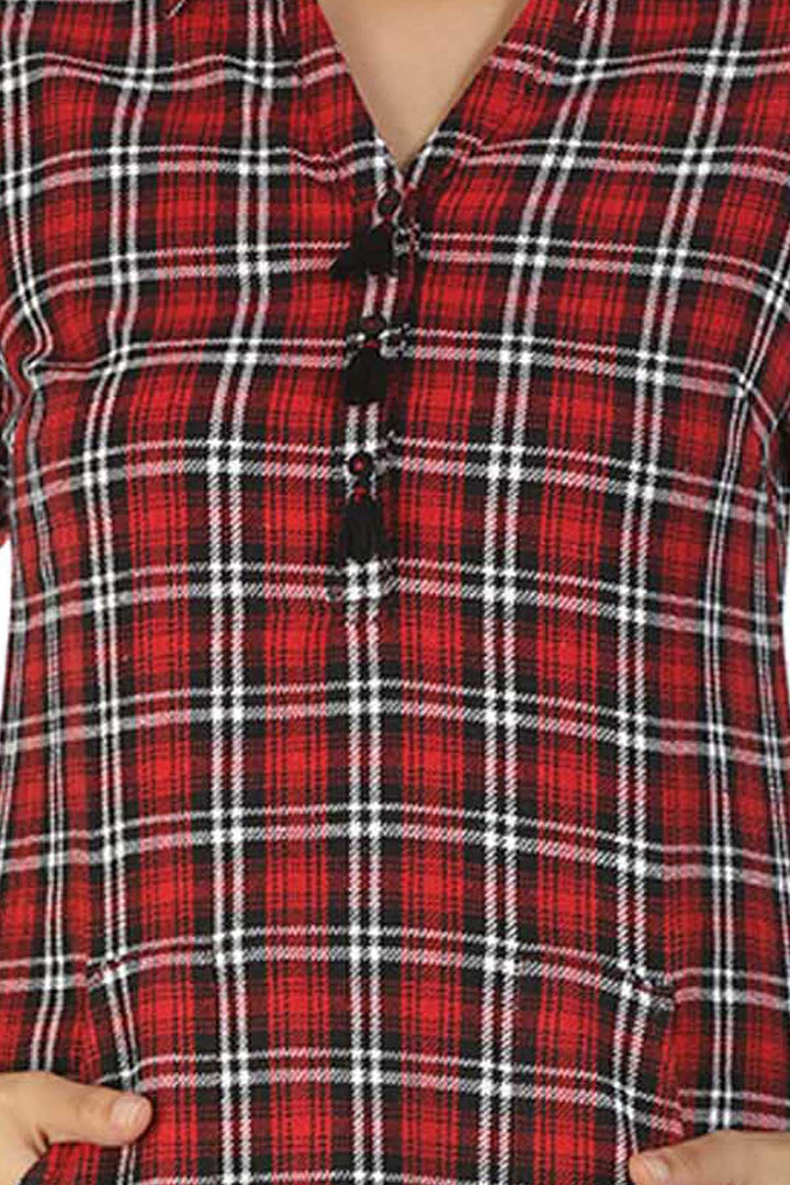 Red Check Collared Kurti with Tassels