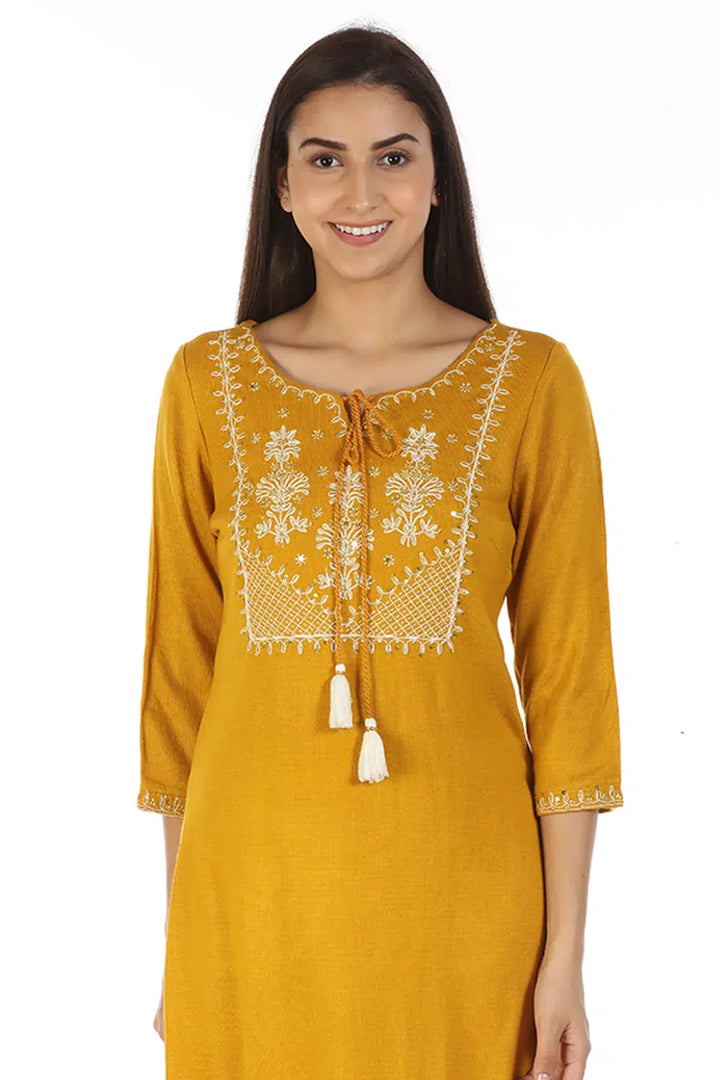 Embroidered Kurti with key hole Neck (Mustard)