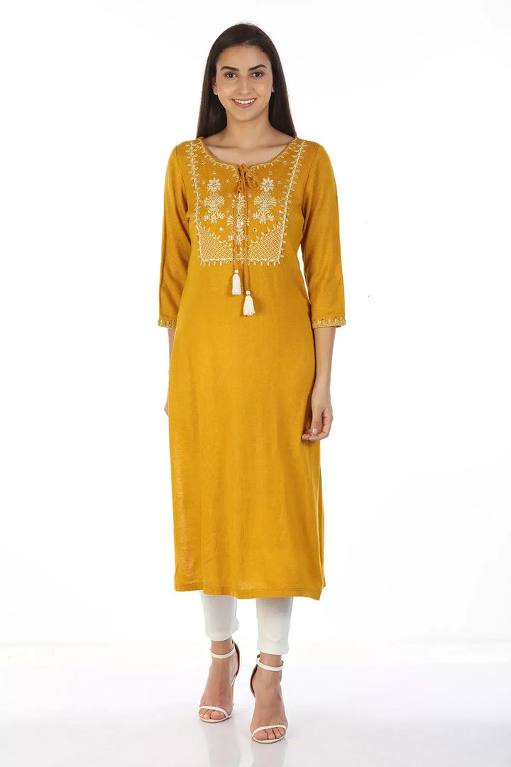 Embroidered Kurti with key hole Neck (Mustard)