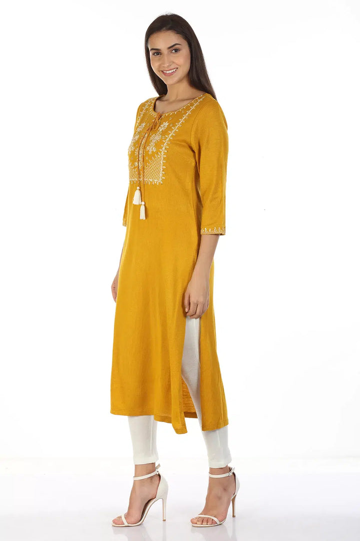 Embroidered Kurti with key hole Neck (Mustard)