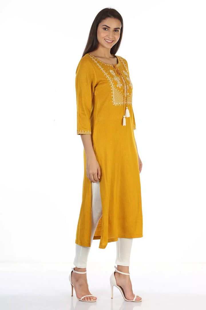 Embroidered Kurti with key hole Neck (Mustard)