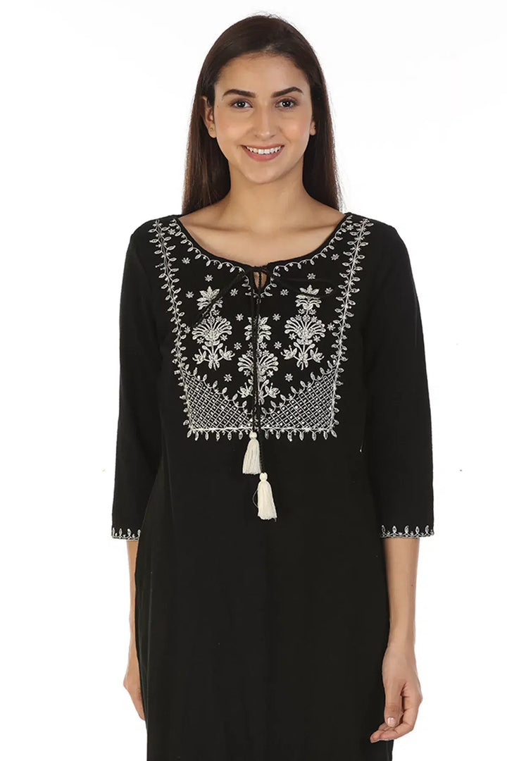 Black Embroidered Kurti with Tie-up Neck