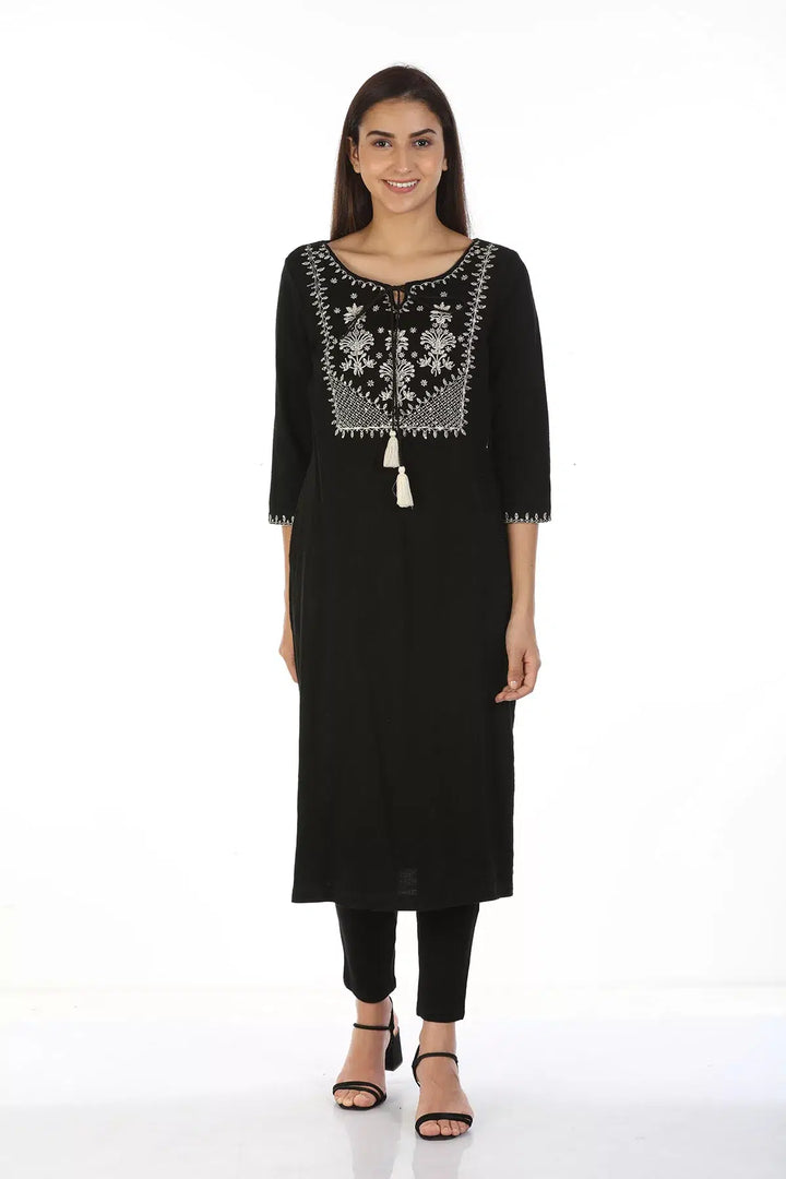 Black Embroidered Kurti with Tie-up Neck
