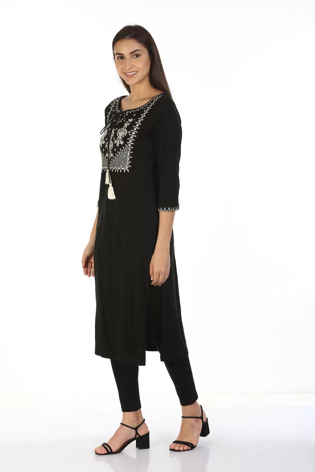 Black Embroidered Kurti with Tie-up Neck