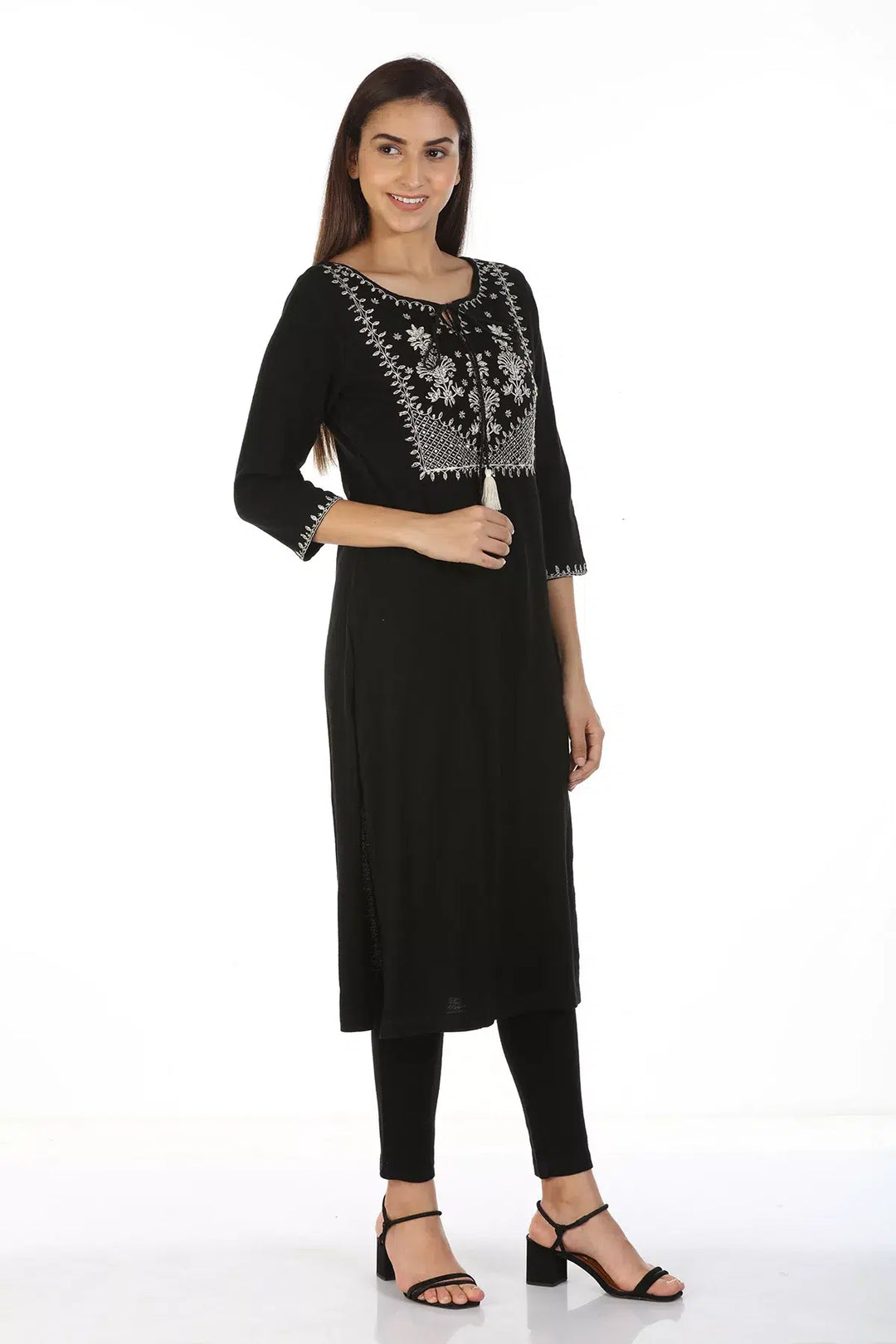 Black Embroidered Kurti with Tie-up Neck