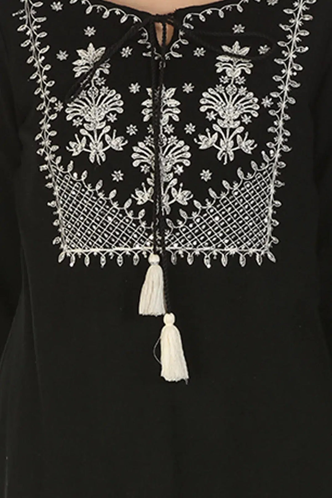 Black Embroidered Kurti with Tie-up Neck