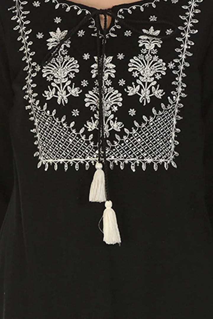 Black Embroidered Kurti with Tie-up Neck