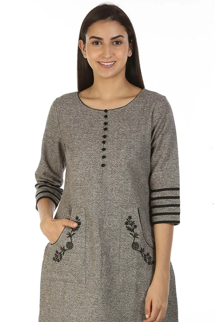 Grey Embroidered Kurti with Round Neck