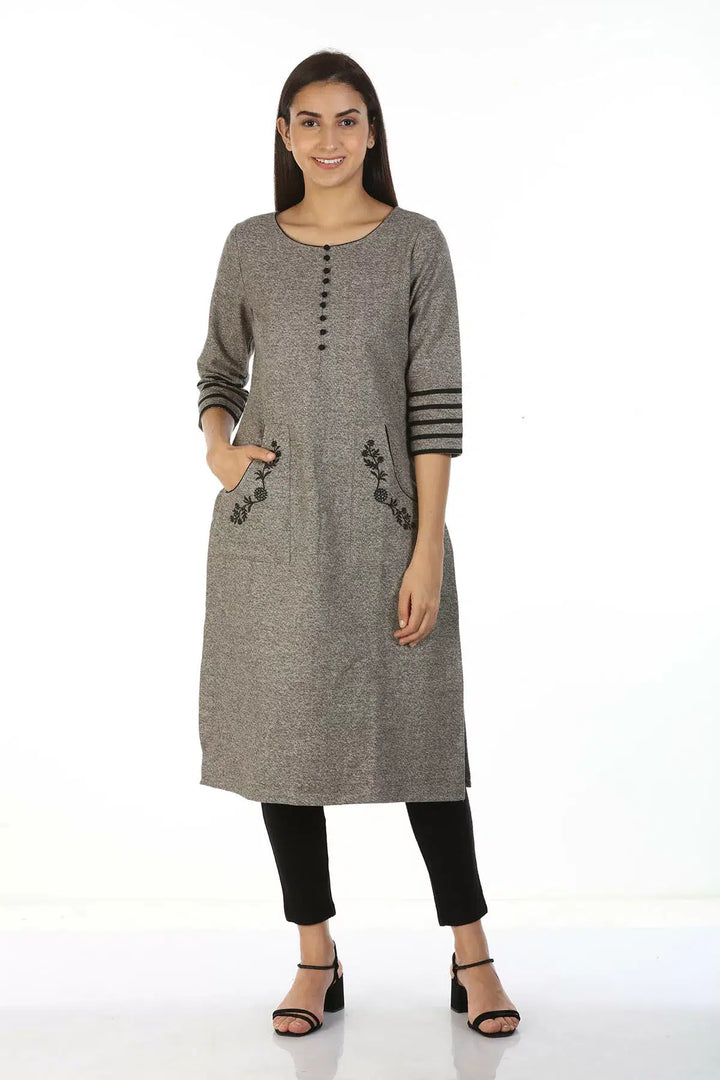 Grey Embroidered Kurti with Round Neck
