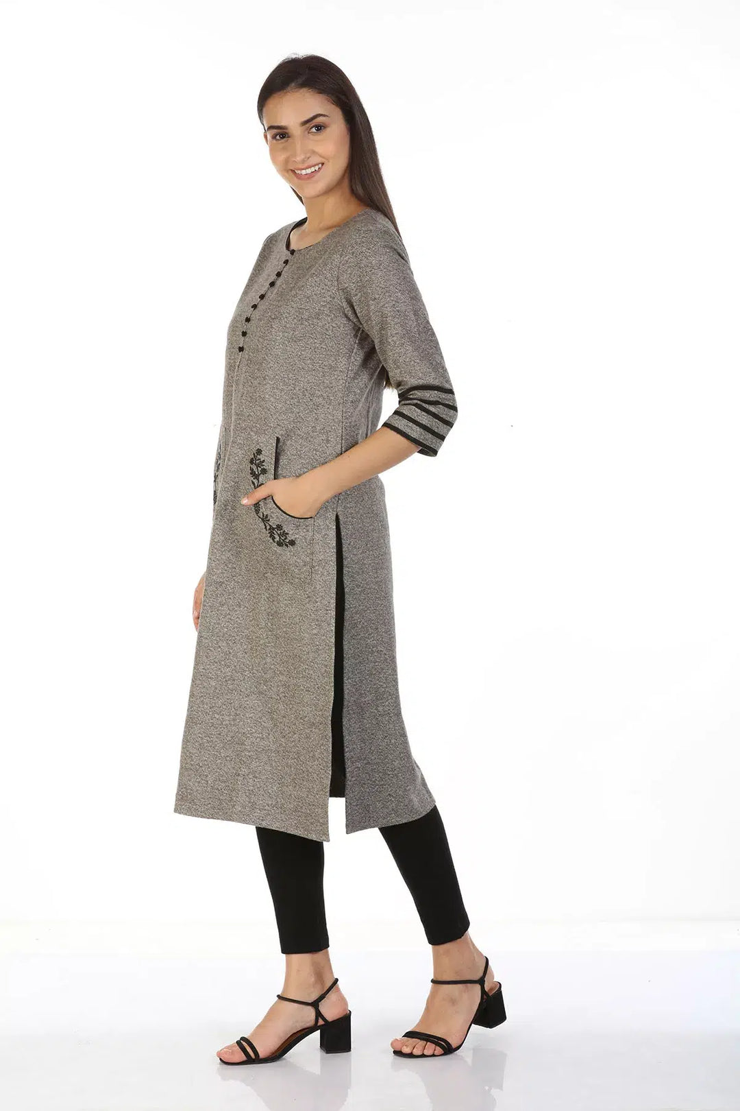 Grey Embroidered Kurti with Round Neck