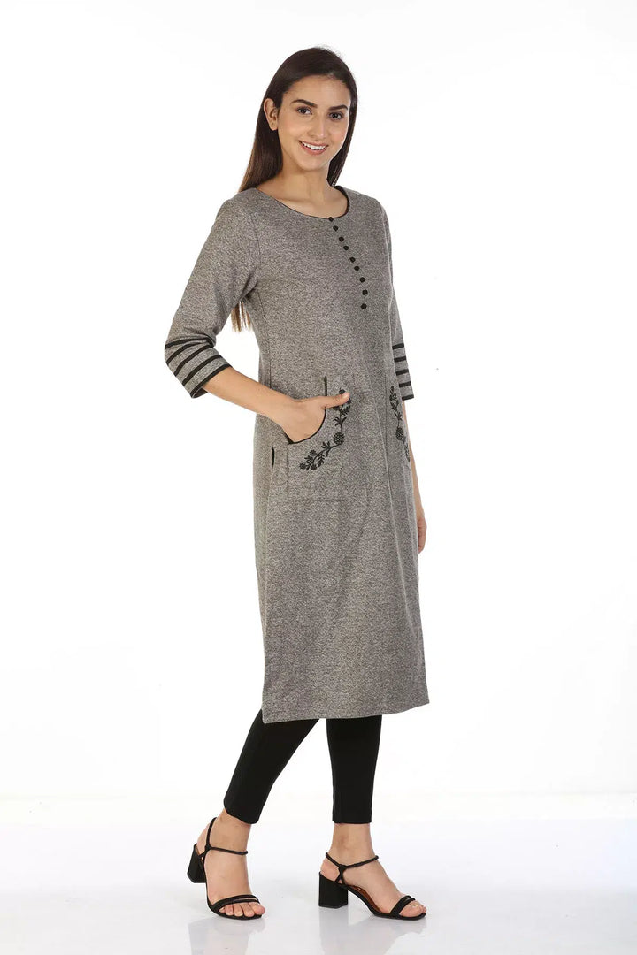Grey Embroidered Kurti with Round Neck