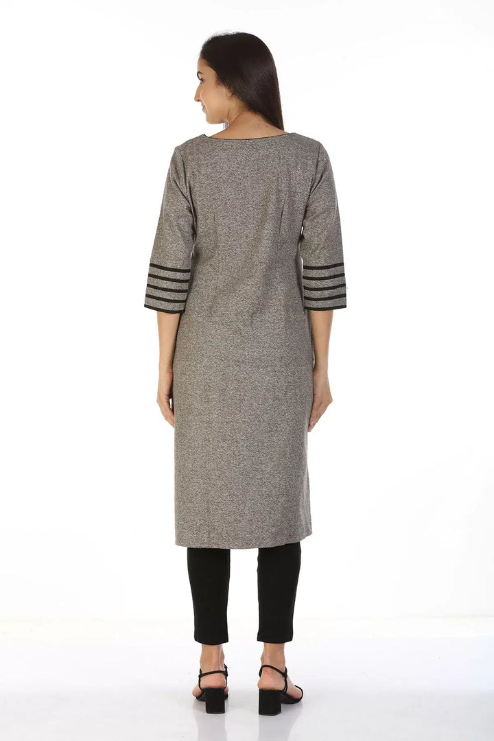 Grey Embroidered Kurti with Round Neck