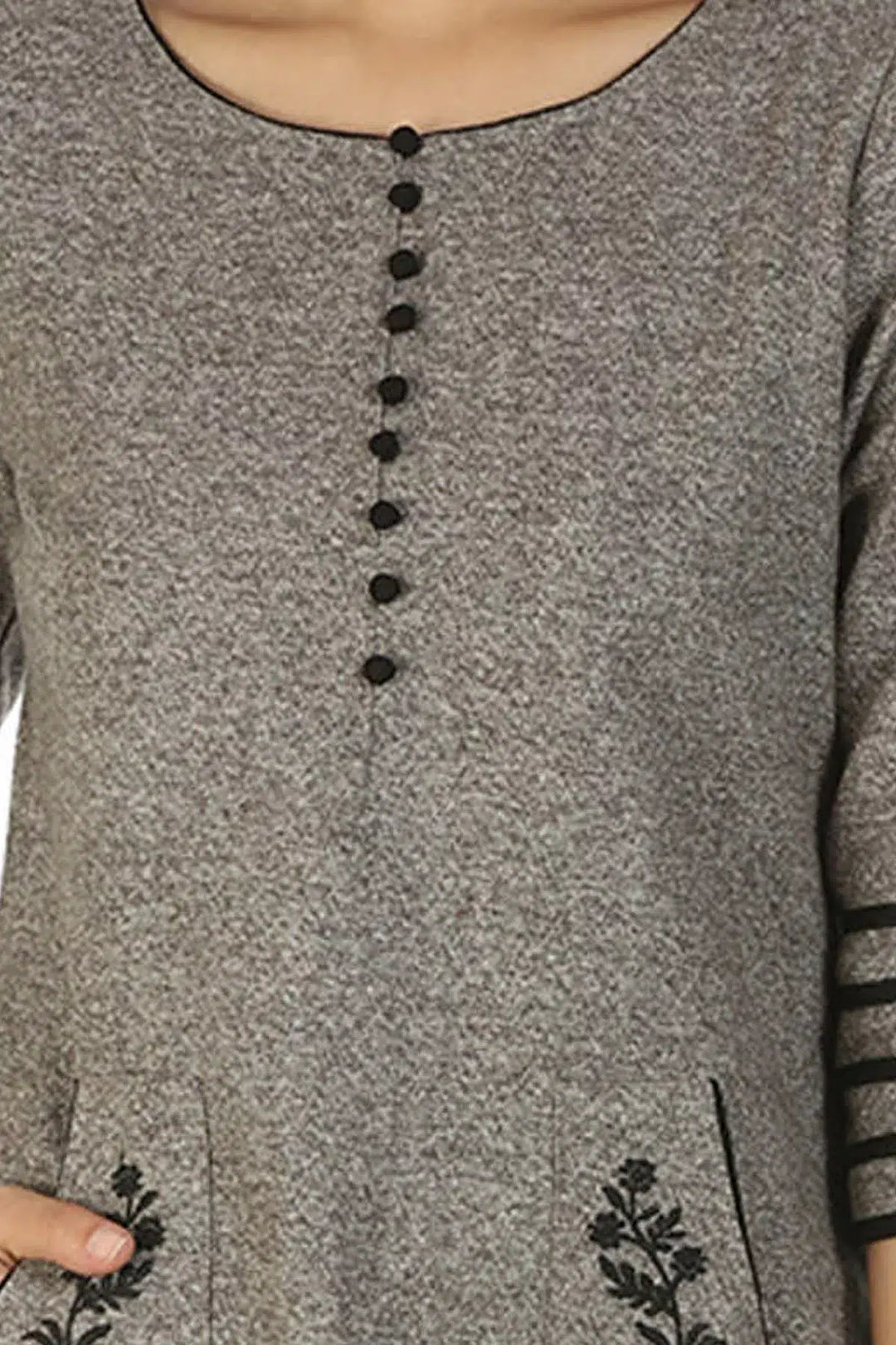 Grey Embroidered Kurti with Round Neck