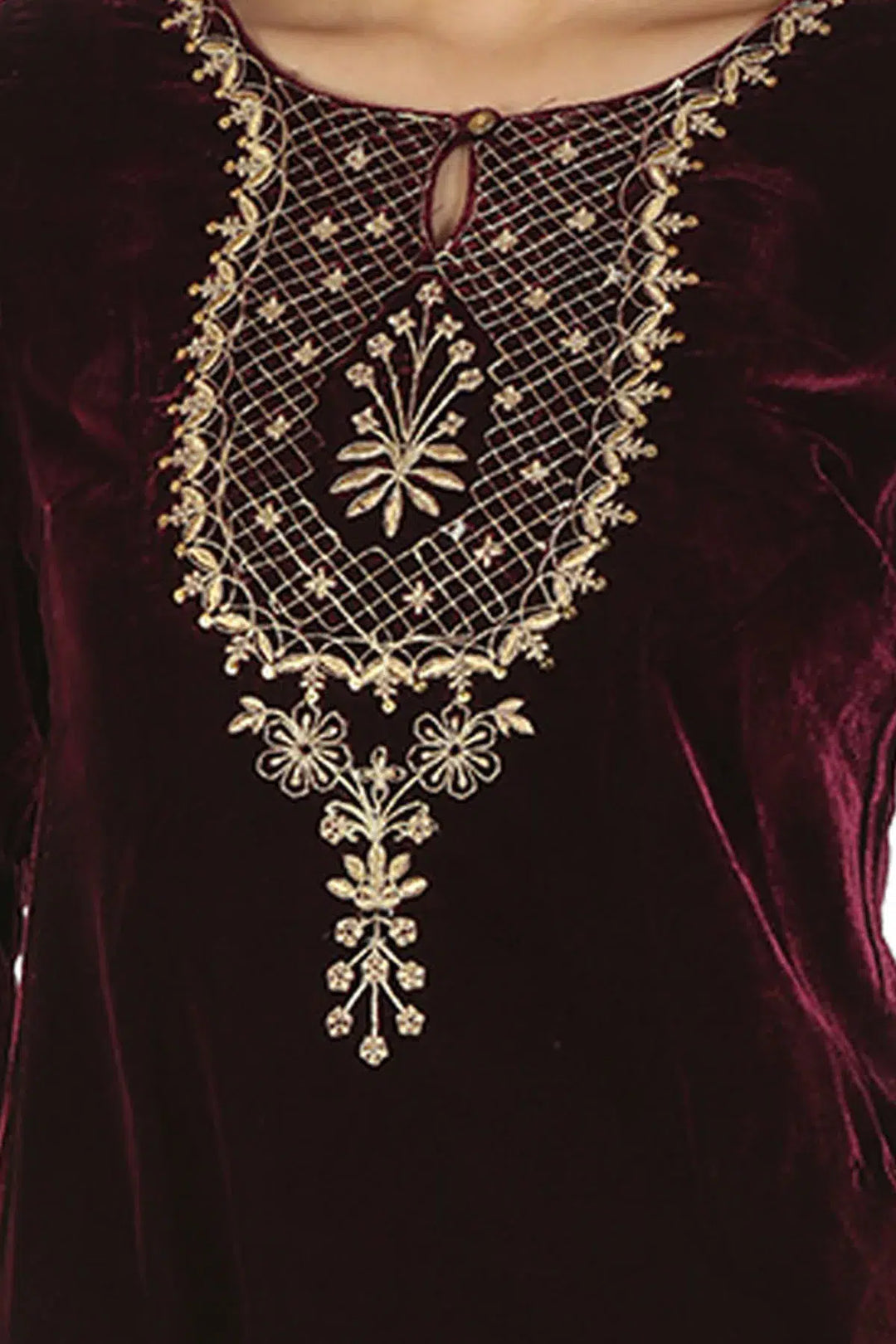 Velvet Zari Embellished Ensemble Kurti (Maroon)