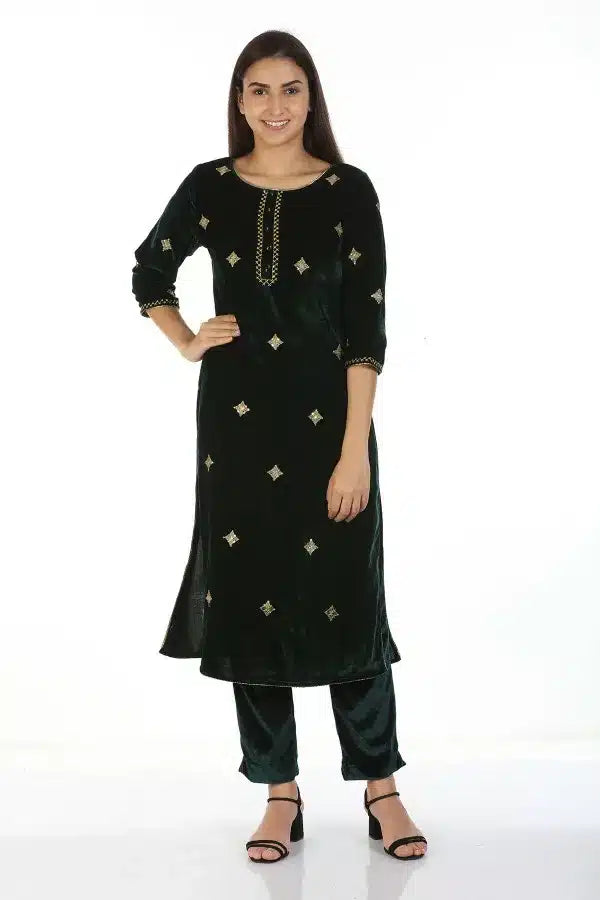 Velvet Lycra Ensemble Palazzos (Green)
