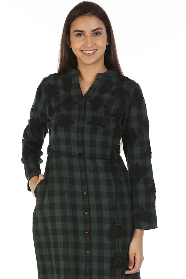 Green Check &amp;amp; Embroidery  Kurti with High Neck