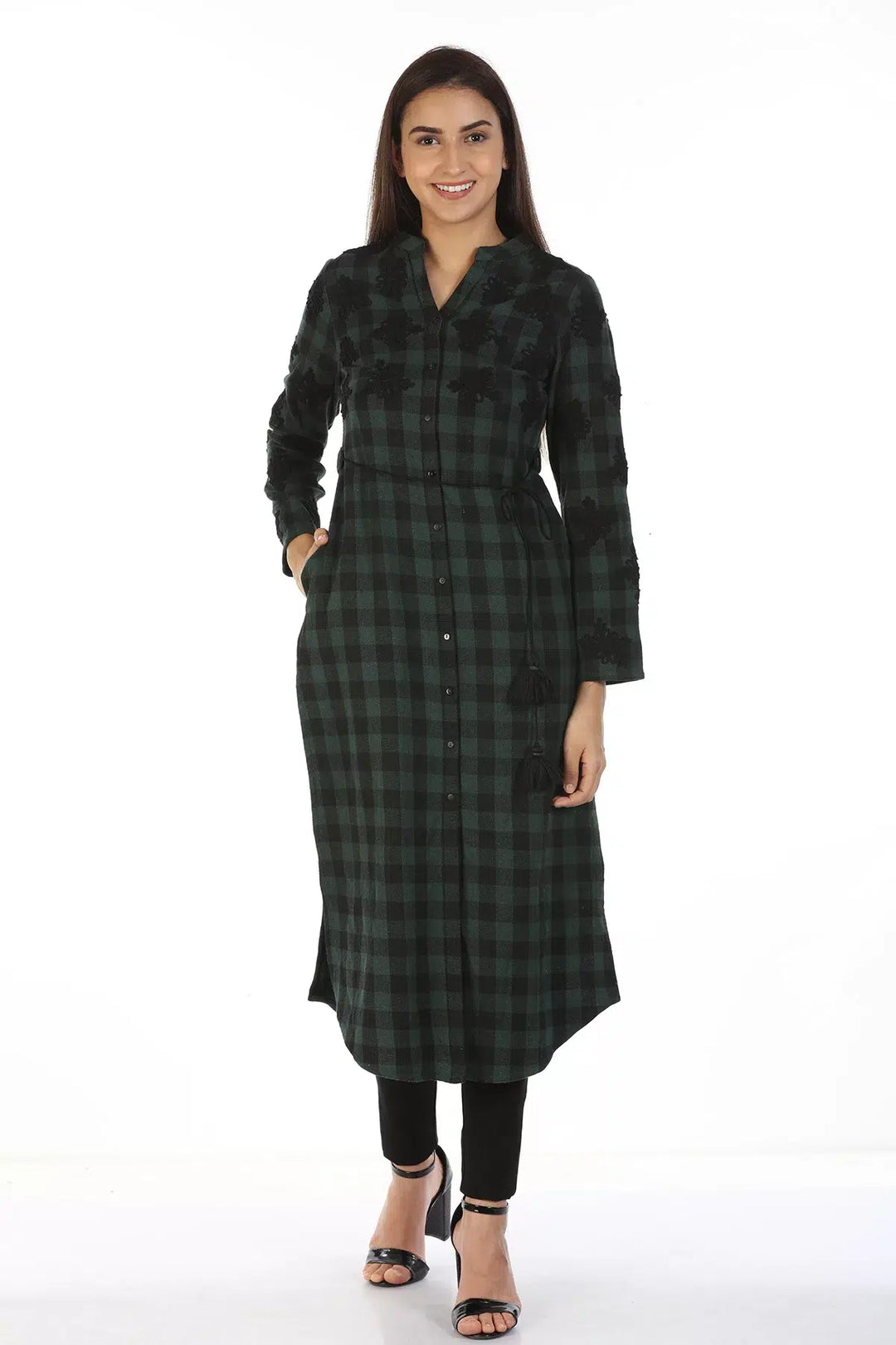 Green Check &amp;amp; Embroidery  Kurti with High Neck