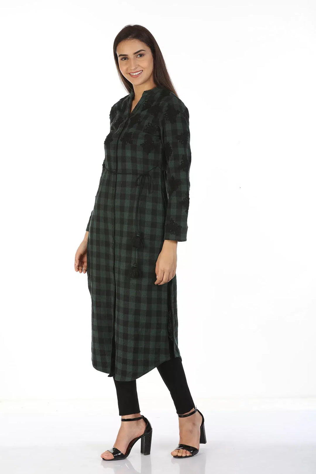 Green Check &amp;amp; Embroidery  Kurti with High Neck