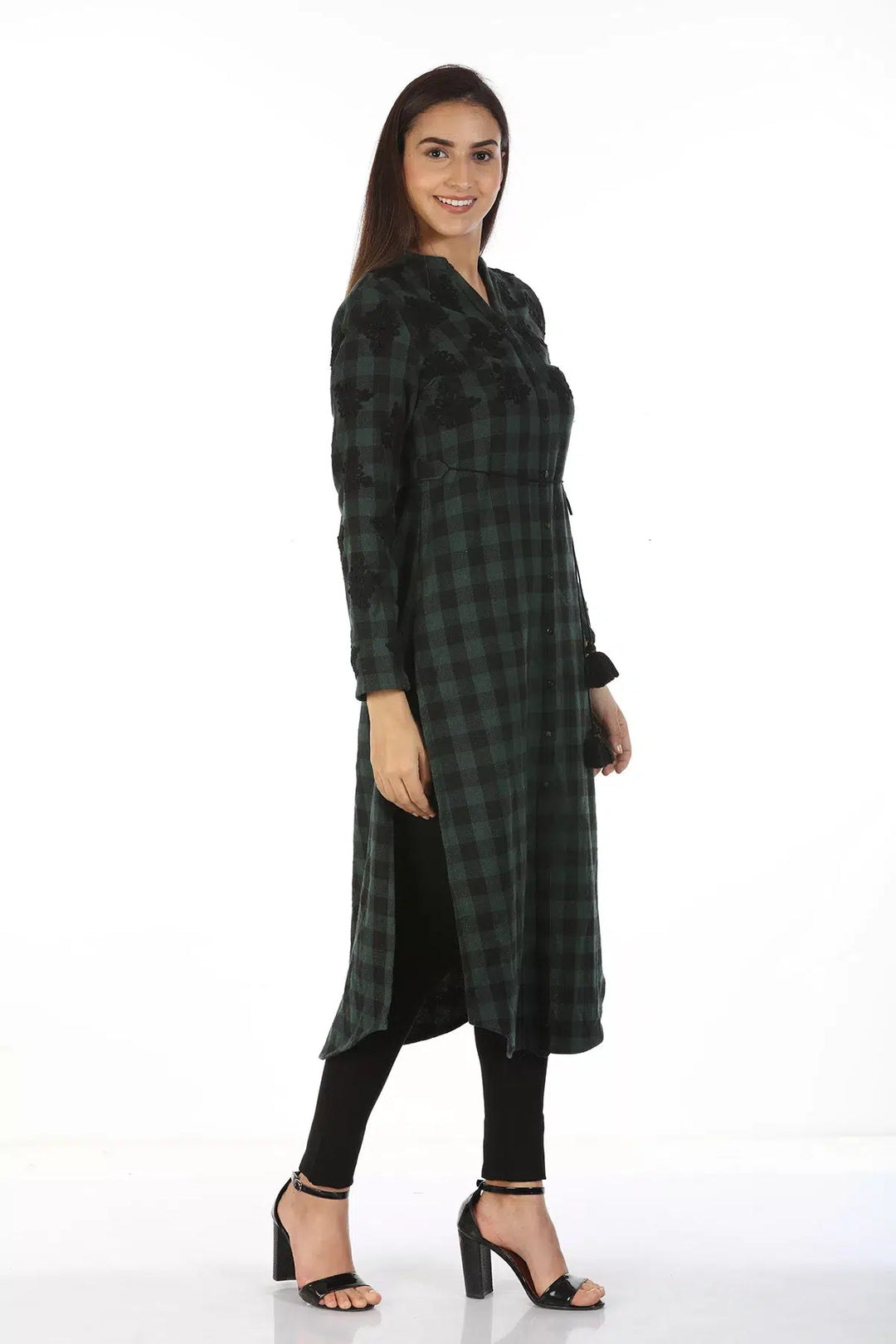 Green Check &amp;amp; Embroidery  Kurti with High Neck