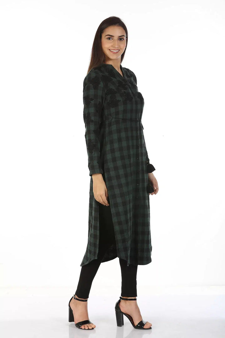 Green Check &amp;amp; Embroidery  Kurti with High Neck