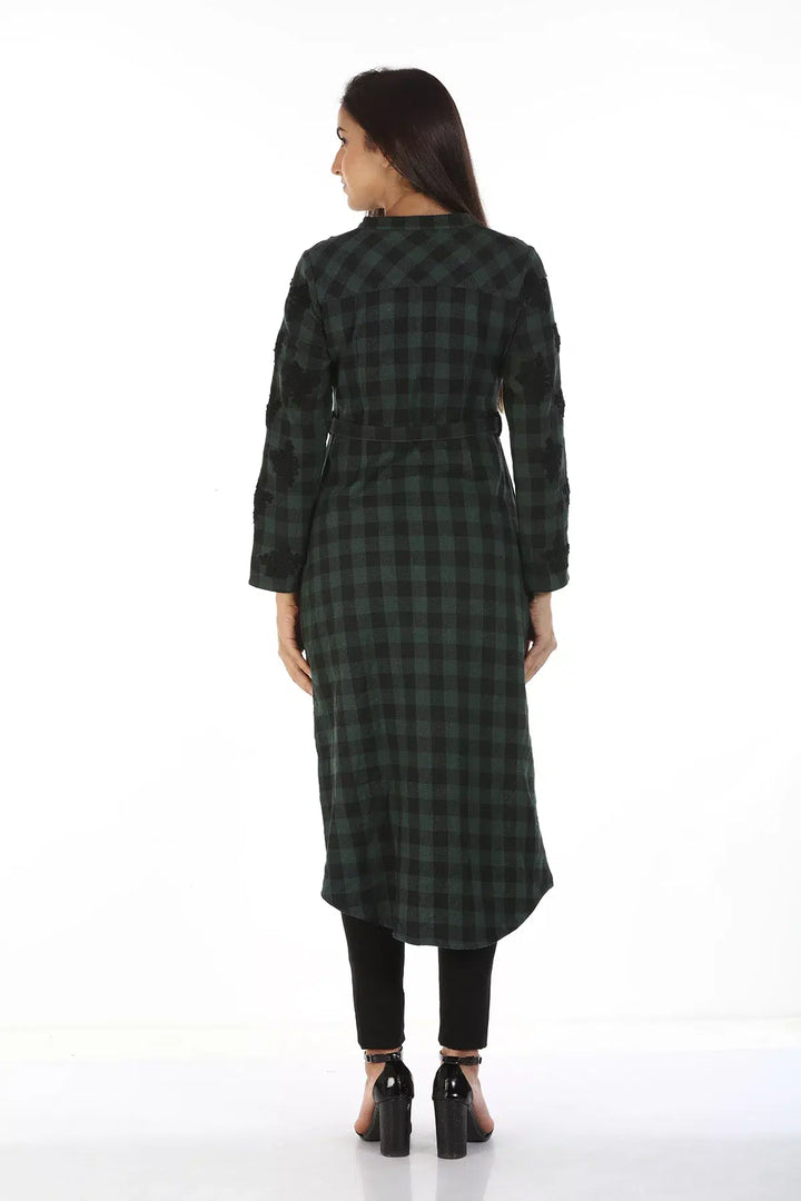 Green Check &amp;amp; Embroidery  Kurti with High Neck