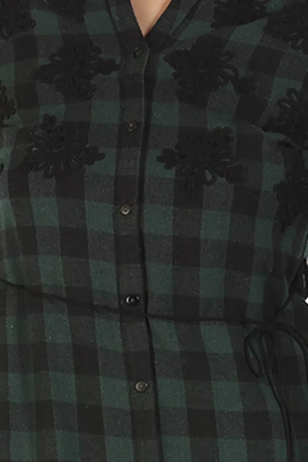Green Check &amp;amp; Embroidery  Kurti with High Neck